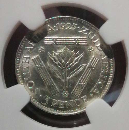 UNION OF SOUTH AFRICA 1925 3P (FLOWER REVERSE) GRADED MS65 BY NGC