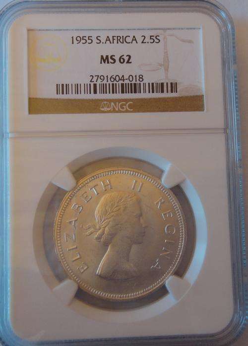 UNION OF SOUTH AFRICA 1955 HALFCROWN NGC GRADED MS62
