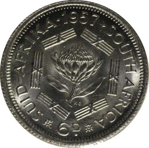 UNCIRCULATED UNION OF SOUTH AFRICA 1957 SIXPENCE (6P)