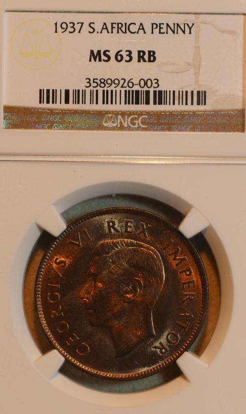 UNION OF SOUTH AFRICA 1937 RED BROWN PENNY (1P) NGC GRADED MS63RB