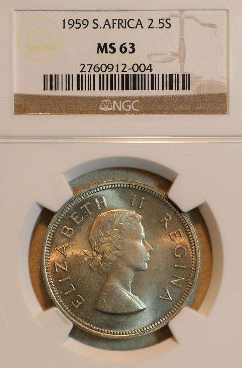 UNION OF SOUTH AFRICA 1959 HALFCROWN (2 1/2 S) NGC GRADED MS63