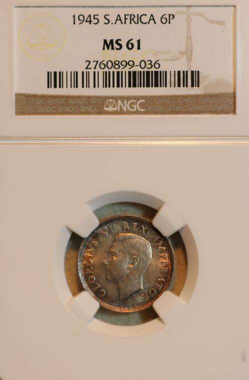 UNION OF SOUTH AFRICA 1945 SIXPENCE (6P) NGC GRADED MS61