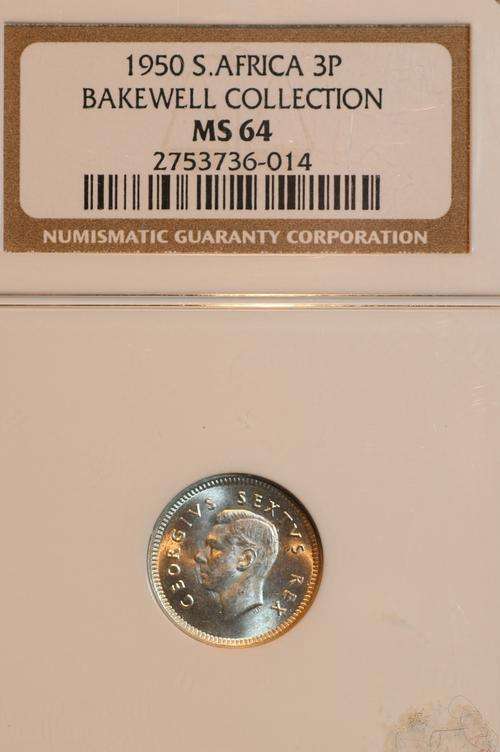 UNION OF SOUTH AFRICA 1950  THREEPENCE (3P) NGC GRADED MS64