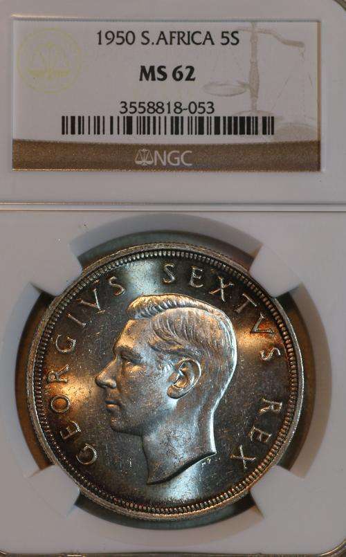 UNION OF SOUTH AFRICA 1950 FIVE SHILLINGS (5S) NGC GRADED MS62