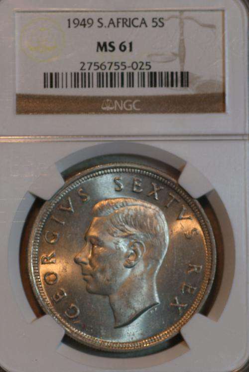 UNION OF SOUTH AFRICA 1949 FIVE SHILLINGS (5S) NGC GRADED MS61