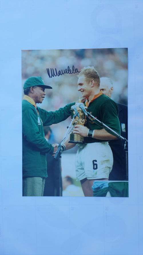 Nelson Mandela and Francois Pienaar Signed 1995 Rugby Photogrph
