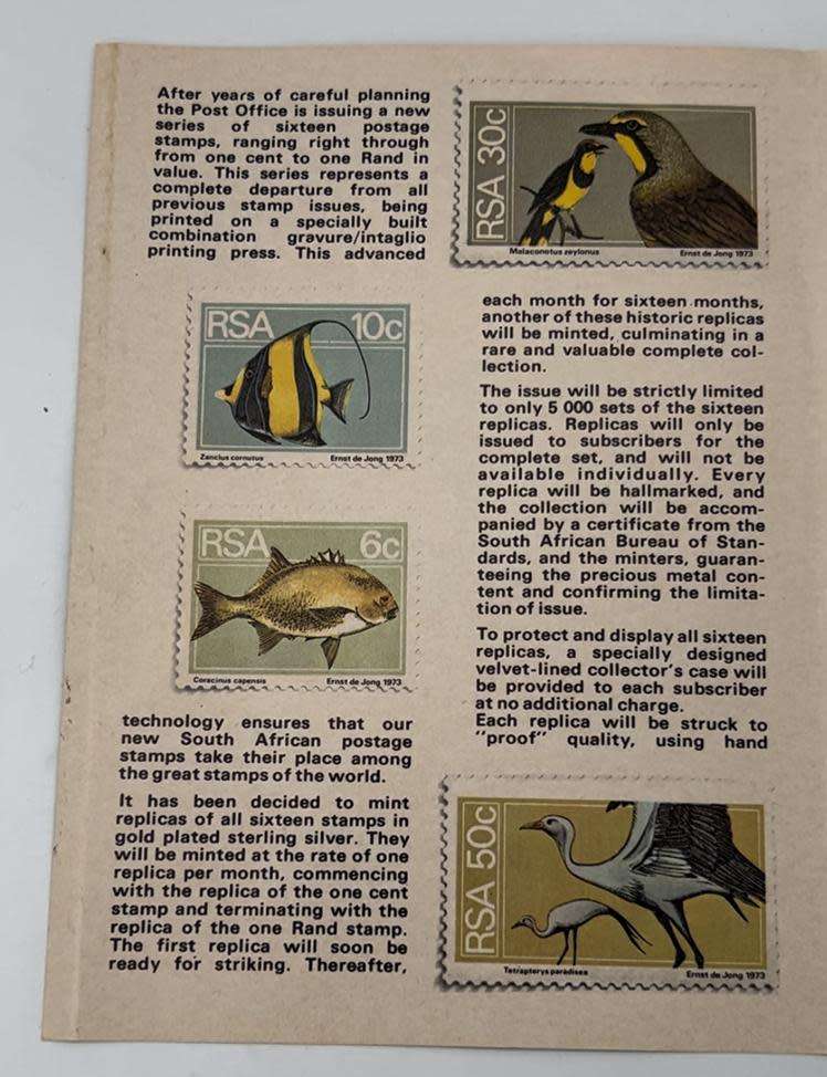 THE RSA 1974/75 DEFINITIVE STAMP SET GOLD PLATED SILVER 16 X REPLICA STAMPS