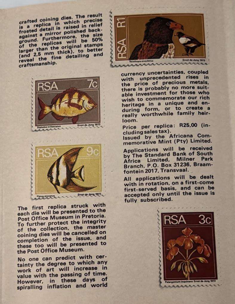 THE RSA 1974/75 DEFINITIVE STAMP SET GOLD PLATED SILVER 16 X REPLICA STAMPS