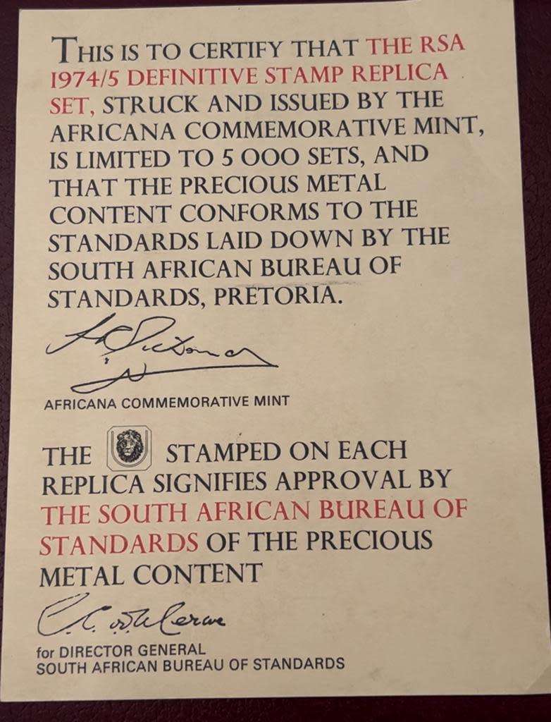 THE RSA 1974/75 DEFINITIVE STAMP SET GOLD PLATED SILVER 16 X REPLICA STAMPS
