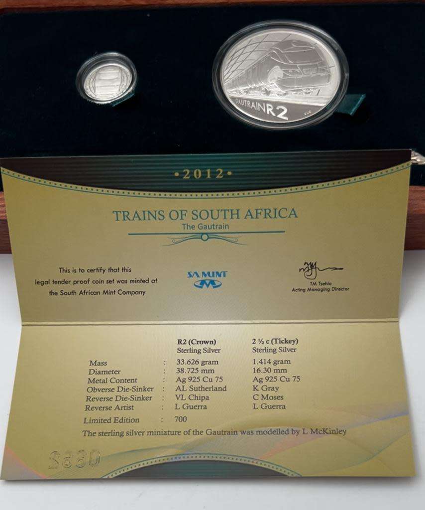 Silver Proof Combo Set R2 and 2 1/2c Trains of South Africa - Gautrain - Mintage 661