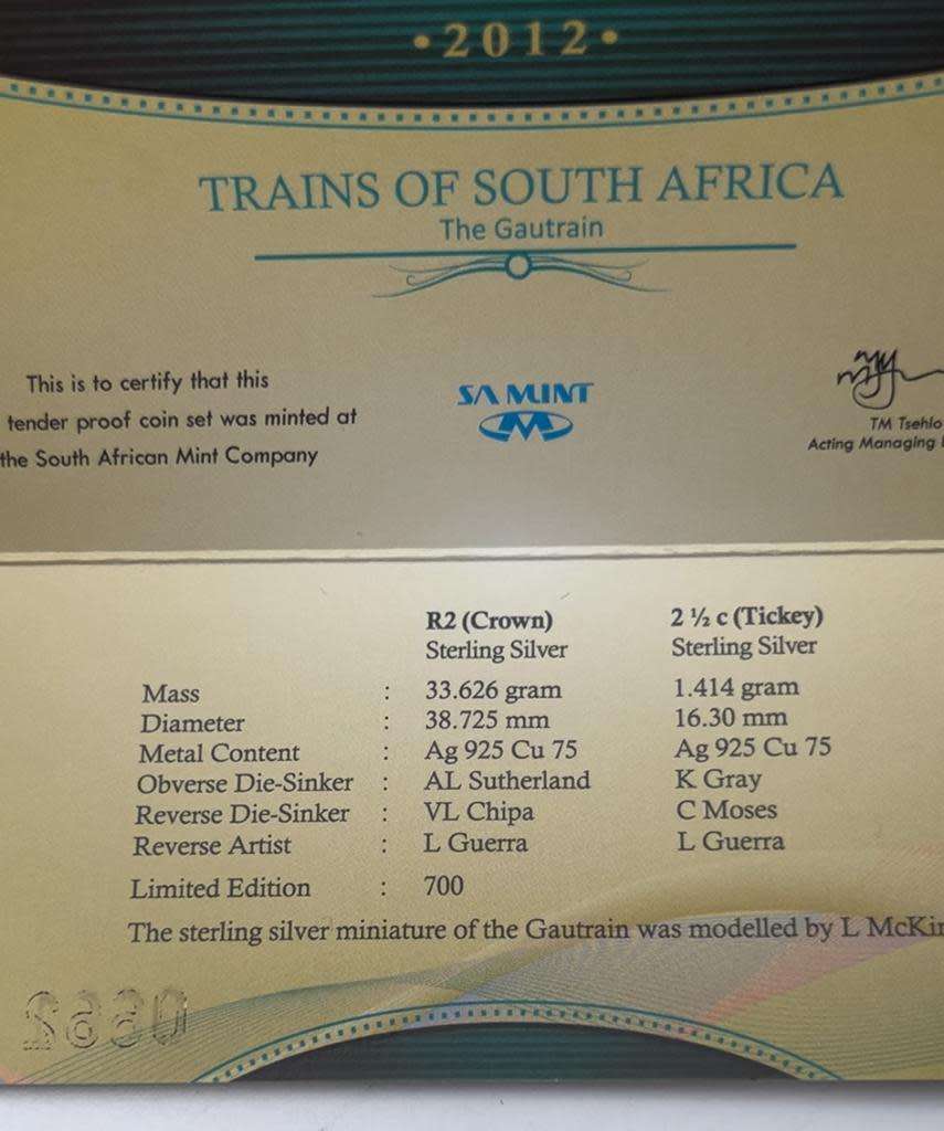 Silver Proof Combo Set R2 and 2 1/2c Trains of South Africa - Gautrain - Mintage 661