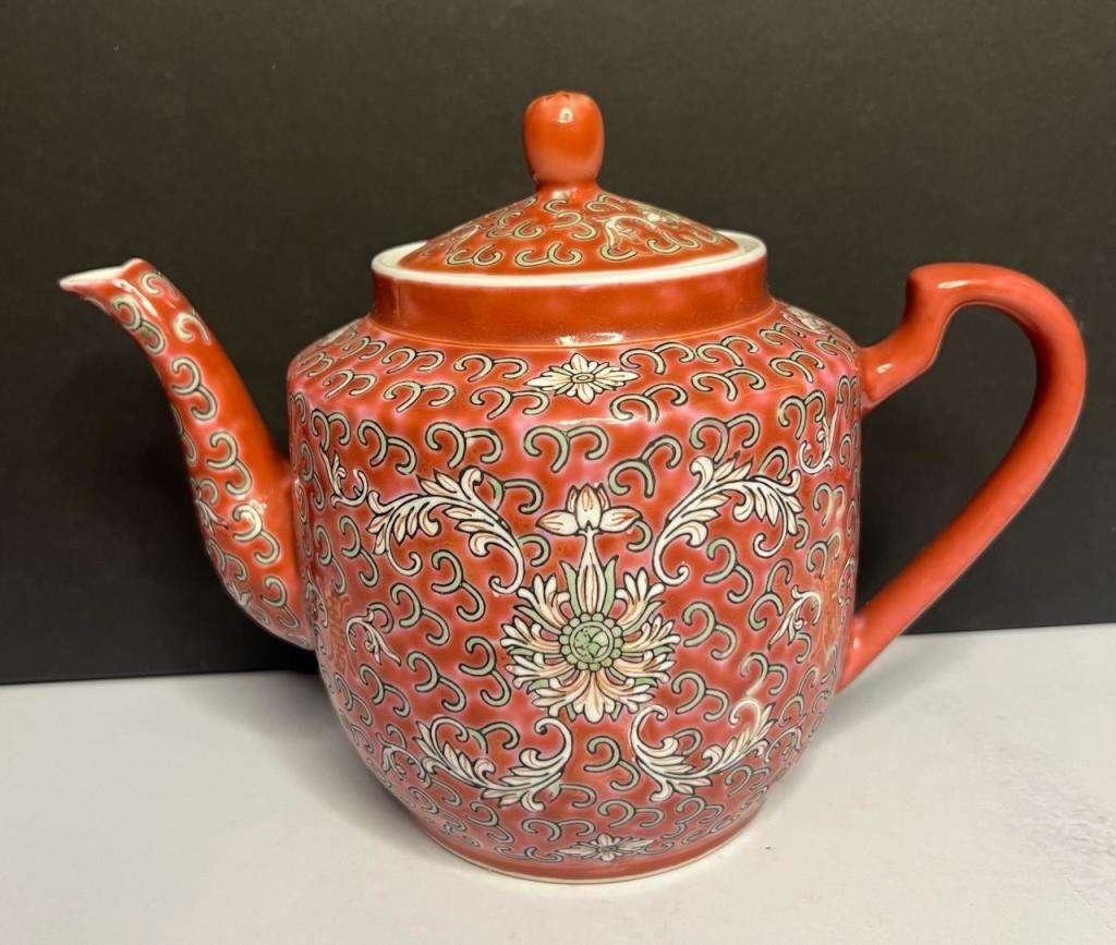 Vintage Chinese Pink / Red Famille Rose Tea Pot Porcelain Mun Shou Longevity Pat