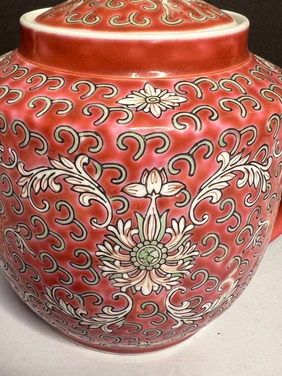 Vintage Chinese Pink / Red Famille Rose Tea Pot Porcelain Mun Shou Longevity Pat