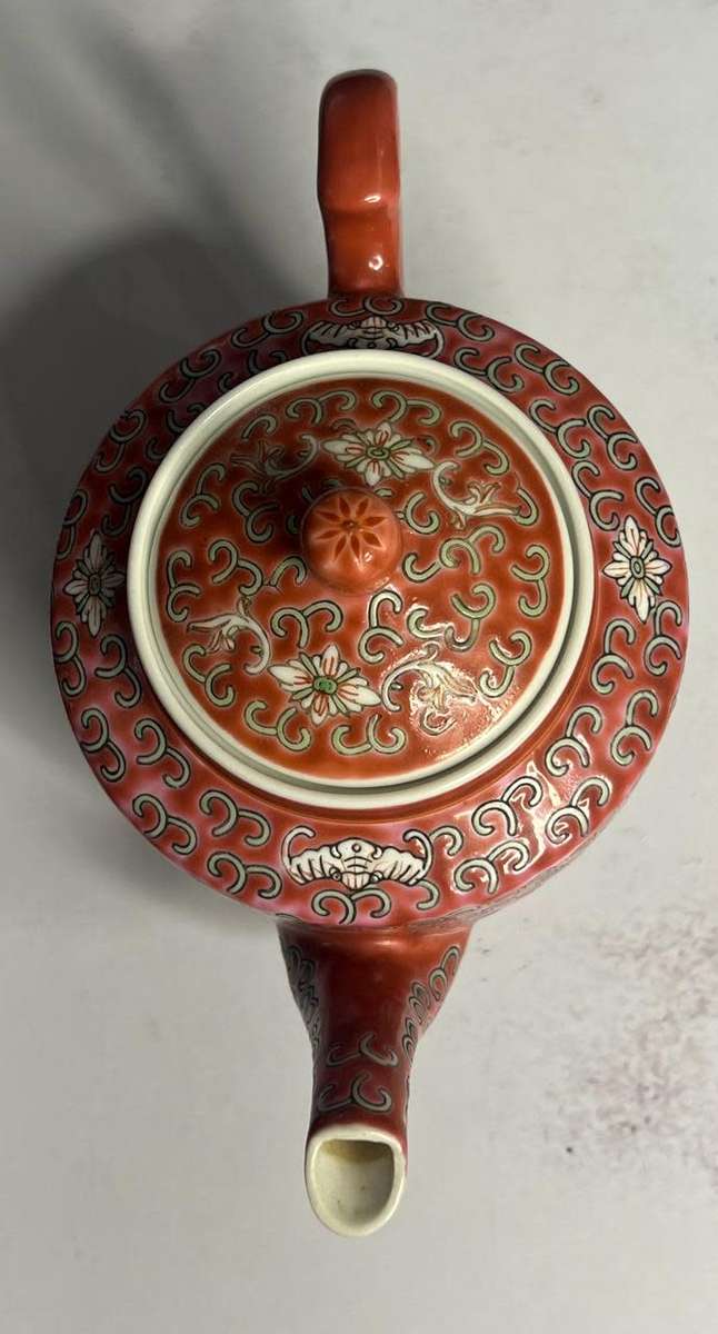 Vintage Chinese Pink / Red Famille Rose Tea Pot Porcelain Mun Shou Longevity Pat