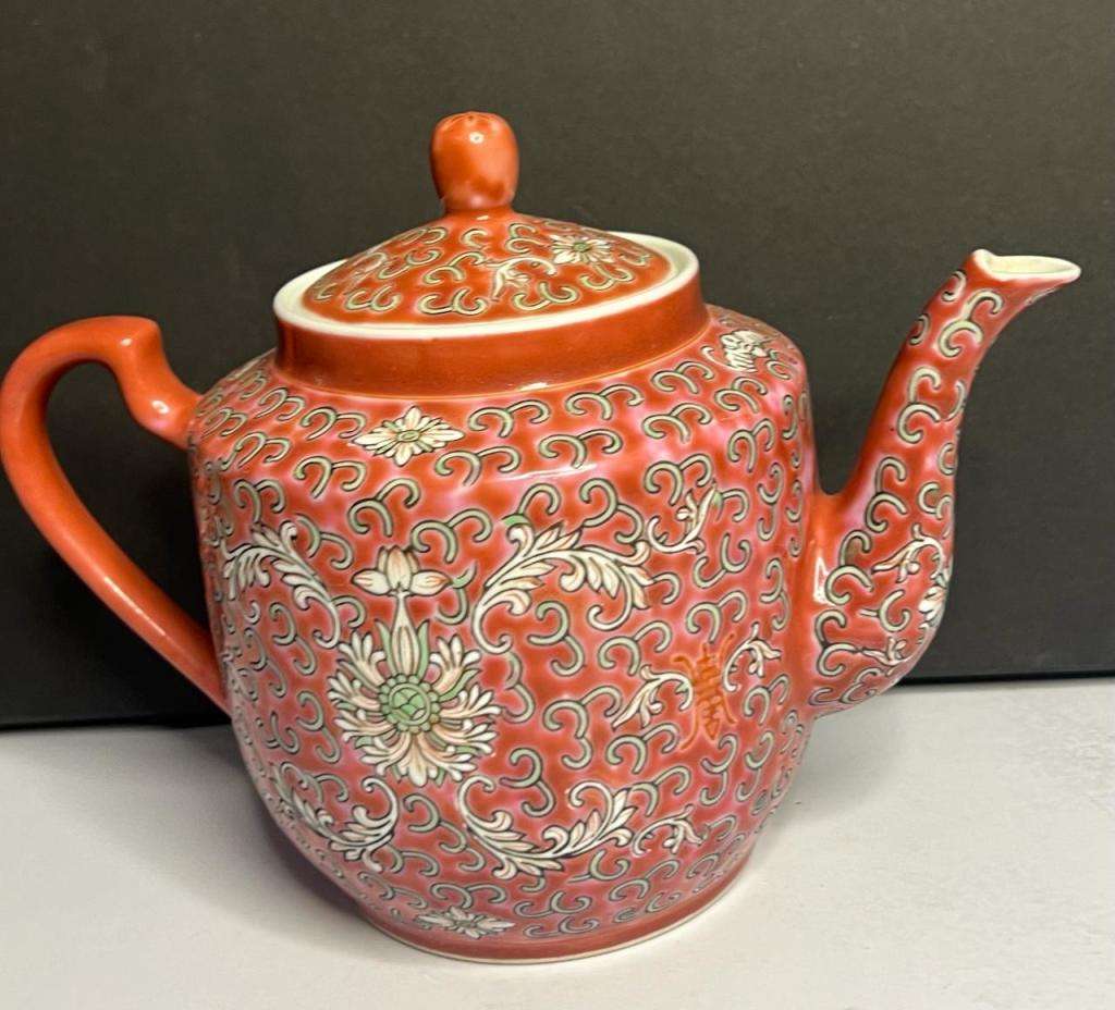 Vintage Chinese Pink / Red Famille Rose Tea Pot Porcelain Mun Shou Longevity Pat