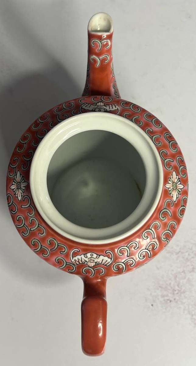 Vintage Chinese Pink / Red Famille Rose Tea Pot Porcelain Mun Shou Longevity Pat