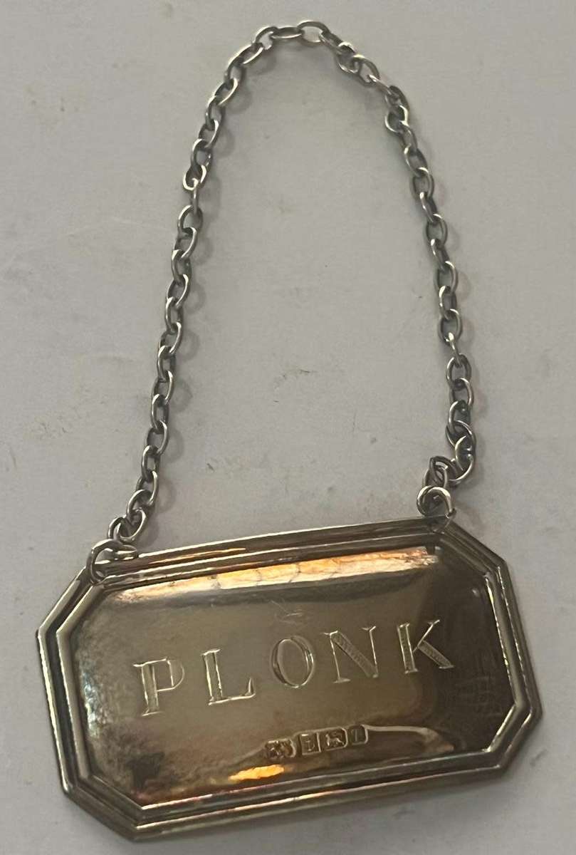 RARE English Sterling Silver Cast Label Birmingham 1993 Decanter Label / Tag `PLONK`