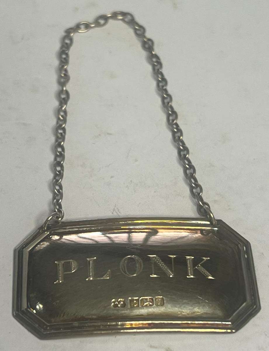 RARE English Sterling Silver Cast Label Birmingham 1993 Decanter Label / Tag `PLONK`