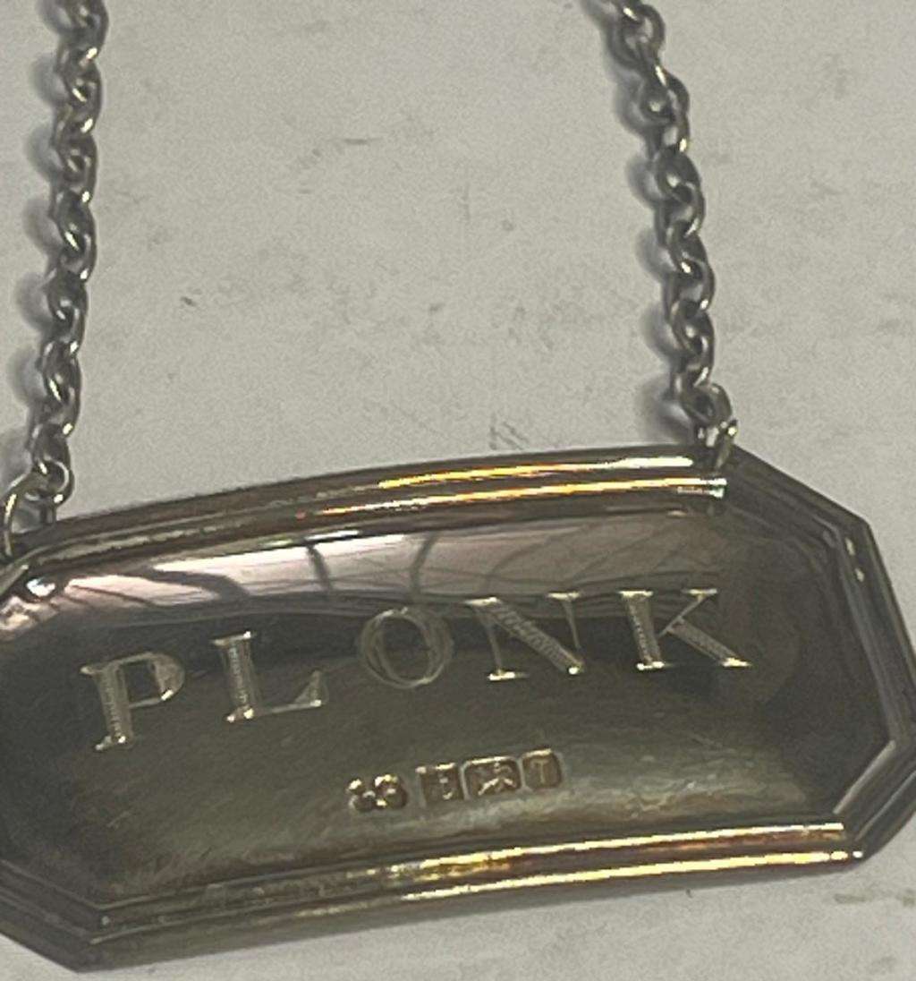 RARE English Sterling Silver Cast Label Birmingham 1993 Decanter Label / Tag `PLONK`