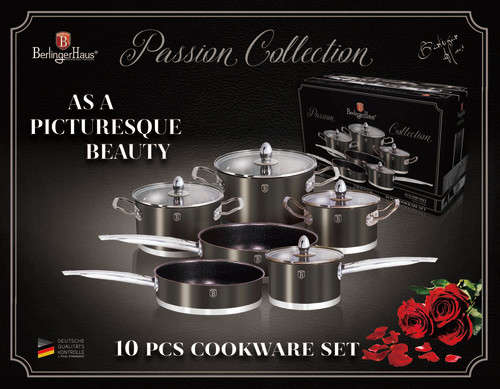 Berlingerhaus 10 piece cookware set, Stainless Steel Metallic Carbon, Passion Collection