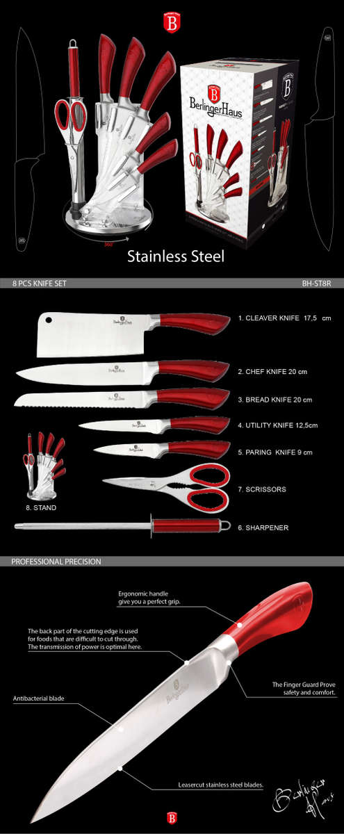 Berlinger Haus 8-Piece knife set with stand, SS, Perfect Kitchen Line