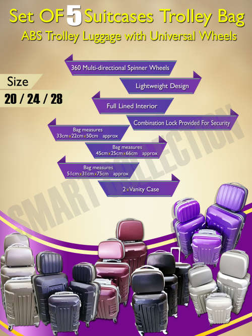 Set of 5 Suitcases Trolley Bag, ABS Trolley Luggage with Universal Wheels -