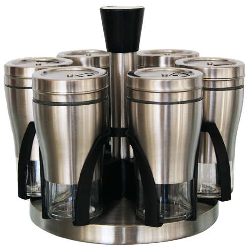 Totally Home 7 Piece Broad Glass Spice Jars in Stainless Steel Jacket & Rotating Spice Rack