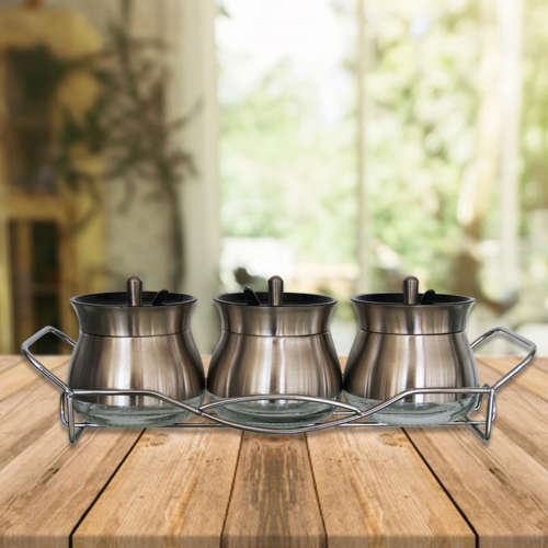 Totally Home 4 Piece Condiment - Broad Glass set in Polished Steel with Metal Rack & Scoops
