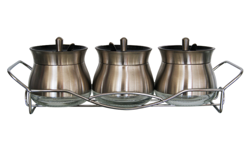 Totally Home 4 Piece Condiment - Broad Glass set in Polished Steel with Metal Rack & Scoops