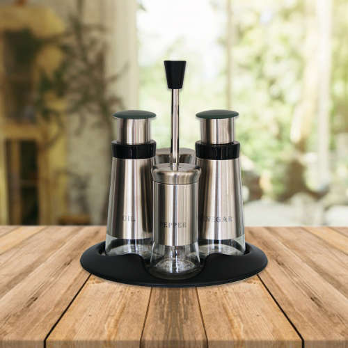 Totally Home 5 Piece Salad Dressing Set -Broad Glass & Polished Steel, Shakers & Dispensers