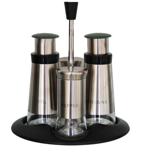 Totally Home 5 Piece Salad Dressing Set -Broad Glass & Polished Steel, Shakers & Dispensers