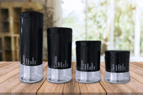 Totally Home 4 Piece Decadent Glass Jar Canisters - Coffee, Sugar, Tea and Pasta Storage - Black