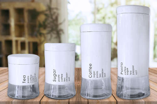 Totally Home 4 Piece Decadent Glass Jar Canisters - Coffee, Sugar, Tea and Pasta Storage - White