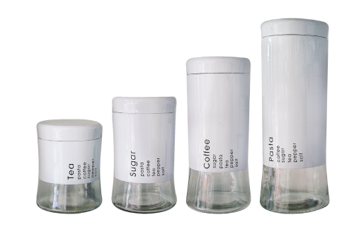 Totally Home 4 Piece Decadent Glass Jar Canisters - Coffee, Sugar, Tea and Pasta Storage - White