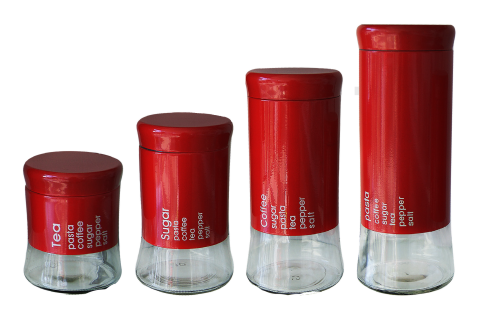 Totally Home 4 Piece Decadent Glass Jar Canisters - Coffee, Sugar, Tea and Pasta Storage - Red
