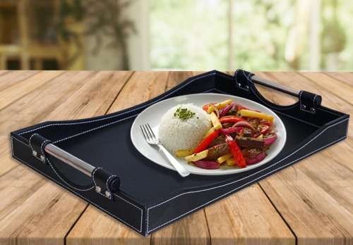 Totally home Decadent Leather Bound and Stainless Steel Handle Serving Tray - Black