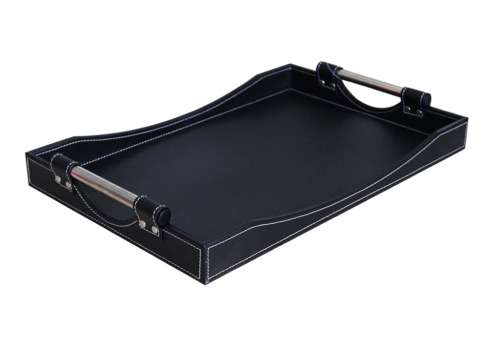 Totally home Decadent Leather Bound and Stainless Steel Handle Serving Tray - Black