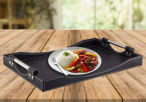 Totally Home Decadent Leather Bound and Stainless Steel Handle Serving Tray - Brown