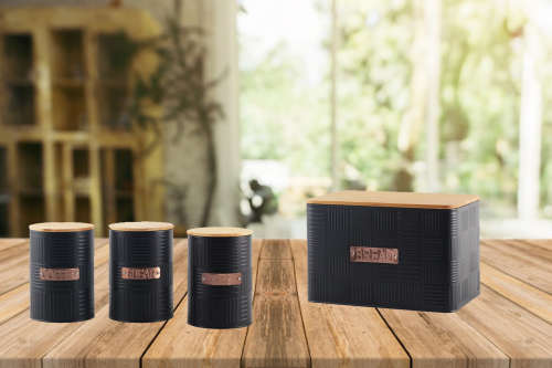 Totally Home Bread Bin  with Bamboo Lid (Steel Design) & 3 Piece Canister Set - Charcoal