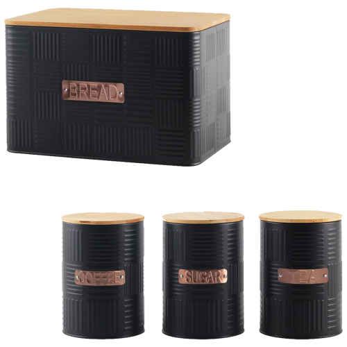 Totally Home Bread Bin  with Bamboo Lid (Steel Design) & 3 Piece Canister Set - Charcoal