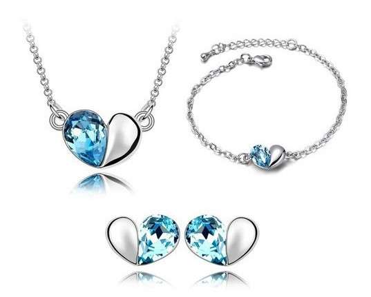 18KT GP white gold Plated Austrian crystals fashion Pendant heart Earrings+necklace+bracelet set