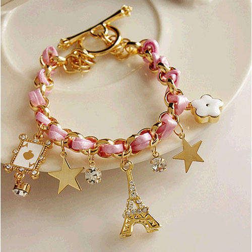 **Beautiful Multi-element Gold Chain Leather Rope Crystal Handmade Bracelet**