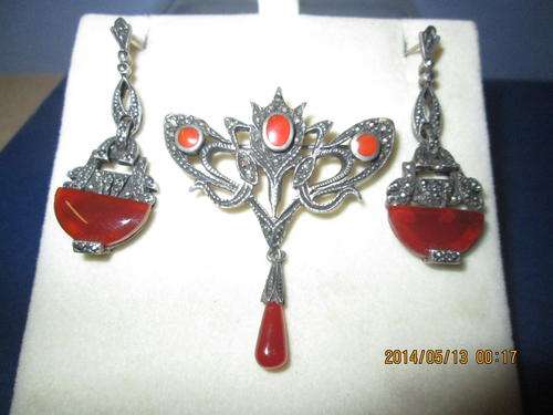 Carnelian and Marquisite Brooch and Earring Set
