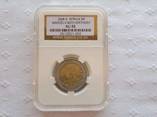 ABOUT UNCIRCULATED: NELSON MANDELA 90th BIRTHDAY 2008 R5 COIN AU 55!!! (SANGS)