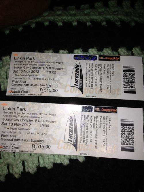 2x Linkenpark tickets for 10 November show in Johannesburg URGENT