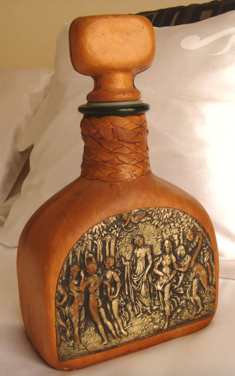 Decanter for a pub  -  Covered in genuine leather - 250mm High x 150mm  wide x 75mm thick