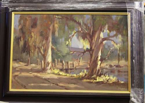 Framed painting - "Country Bridge Crossing" - artist - O Kupper