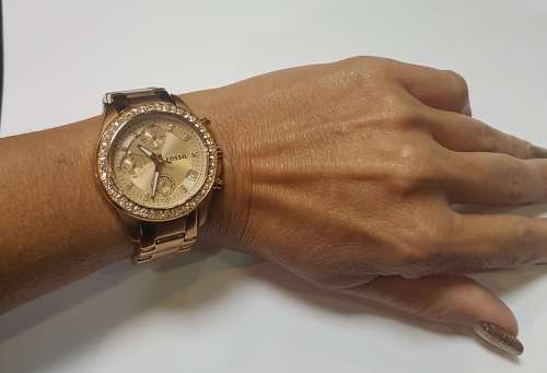 Ladies Rose Gold and diamante Fossil chronograph watch c/w additional links