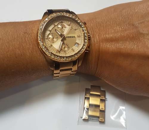 Ladies Rose Gold and diamante Fossil chronograph watch c/w additional links