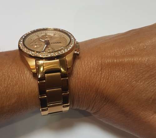 Ladies Rose Gold and diamante Fossil chronograph watch c/w additional links